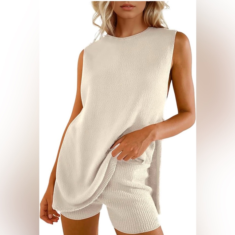 Wyevsyt Sleeveless Knit Lounge Set 2-Piece Tunic Top & Shorts Apricot Medium